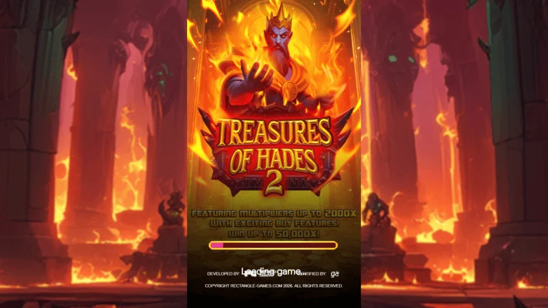 Treasures of Hades 2 — ekran za učitavanje slota Rectangle Games smještenog u mitološko podzemlje